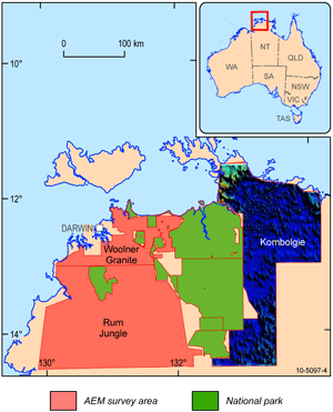 Fig 1. Pine Creek Survey boundary locations. The Kombolgie Survey area is highlighted with an image of the estimated conductance to 2000 metres. Geoscience Australia funded 5000 metre line spacing across the entire Kombolgie survey and an infill area at 1666 metre line spacing.