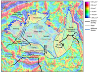 Fig 4. Gravity image showing the location of the Georgina-Arunta survey (09GA-GA1) and Tanami survey (05GA-T1) and the interpreted location of the Willowra Suture.