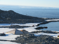 Fig 2. Cape Denison, facing northwest, overlooking Mawson's Hut from the 'Proclamation Plaque' site.