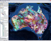 Fig 1. A screenshot of Geoscience Australia's 3D Data Viewer showing the Ternary layer of the 2nd Edition Radiometric Map of Australia.