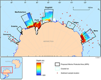 Fig 1. The seven regions identified as potential marine protected areas (MPAs) showing new bathymetry grids and the location of sediment samples within and adjacent to them.