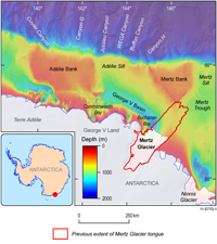 Fig 4. The location and seafloor morphology of George V Land and Terre Adelie shelves. The previous extent of the Mertz Glacier tongue, as of January 2008, is also shown. The bathymetry is from the Beaman et al (2011) 250 metre grid.