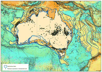 Figure 2. Map of Australia's offshore sedimentary basins draped over the bathymetry and showing the location of petroleum wells.