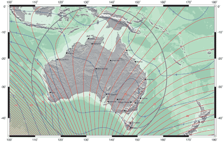 Figure 1. Contours of the magnetic declination in degrees (red) and annual change of declination from AGRF 2005 model.