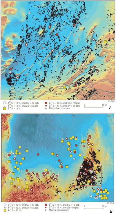 Figure 2a & 2b. Distribution of groundwater 
	samples in the southern Broken Hill Domain on airborne electromagnetic background, showing ‘high’ sulphur isotopic compositions.