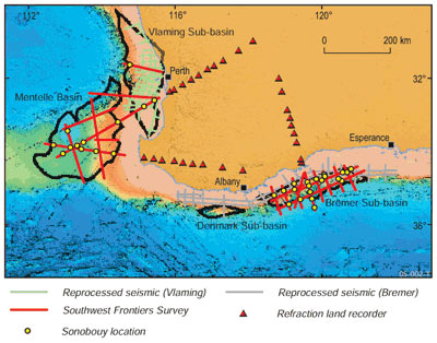 Figure 1. Map showing the location of the Southwest Frontiers offshore seismic survey and the associated land refraction recording stations