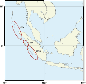 Figure 1.  Great earthquakes in the Sumatran subduction zone.