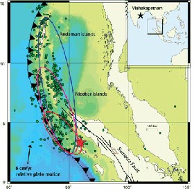 Figure 4. The 26 December 2004 Sumatra–Andaman Islands Earthquake. 
	 The red star indicates the epicentre of the main shock, and green circles show aftershocks.