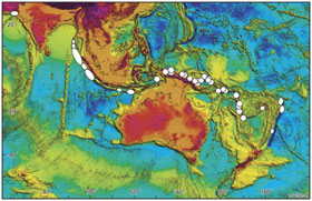 Figure 2. A map of the earth’s surface, showing the major tectonic plate boundaries and locations of historic tsunamigenic earthquakes.