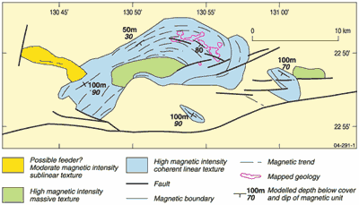 Fig 1. Geophysical interpretation of the total subcropping extent of the Andrew Young Hills mafic intrusion