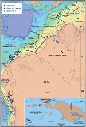 Fig 1	Location map showing oil and condensate samples in Study I (dark blue) and Study II (pale blue).