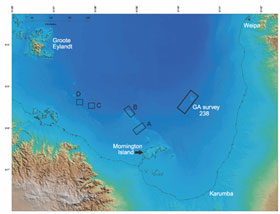 Fig 1. Areas of newly-discovered coral reefs shown as A, B, C and D.