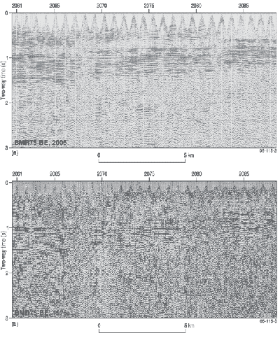 Fig 2. Section of line BMR75-BE, Galilee Basin survey showing a) reprocessed section from 2005 and b) original processing from 1976