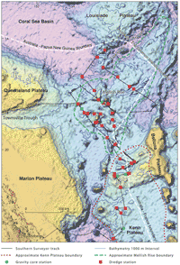 Fig 1. Showing the track of the Southern Surveyor between Mellish Rise and Kenn Plateau, in the Coral Sea.