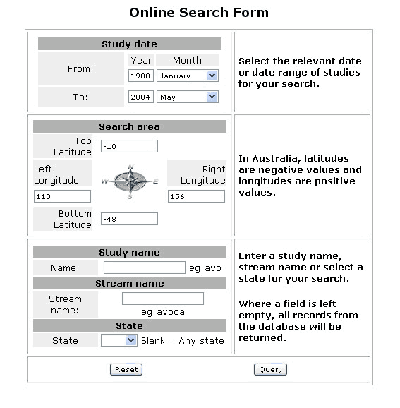 Screen capture showing online search form