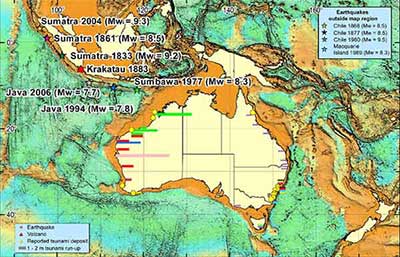 Fig 4. Shows locations of tsunamigenic earthquakes and volcanic eruptions, oil and gas production facilities and palaeotsunami deposits on the Australian coastline.