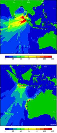 Fig 5. Open-ocean tsunami propogation of Mw 9 earthquakes on the Sunda Arc.