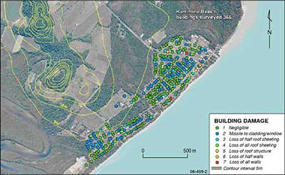 Fig 2. Geographical Information System image displaying the building damage overlain on an aerial photograph for Kurrimine Beach.