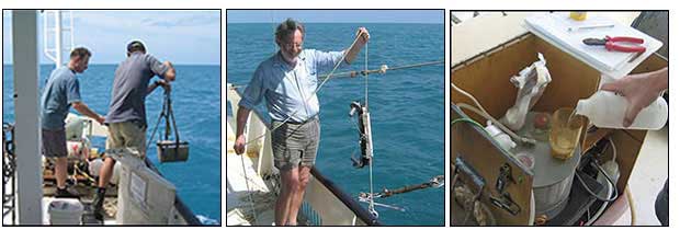 Fig 2. (a) Bottom sediments grab. (b) Collecting water samples (c) Water sample analysis.    