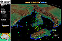 Screen capture of the Flinders Ranges Earthquakes 3D model showing elevation model and earthqauke events