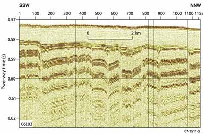 Fig 3. Sub-bottom profile showing network of strike-slip faulting, Area 6, Mermaid Fault Zone.