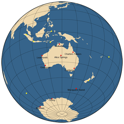 Fig 1. Geoscience Australia’s geomagnetic observatory network (red dots) and other regional observatories (yellow dots).