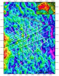 Fig 2. Position of seismic lines collected overlaid on satellite gravity data.