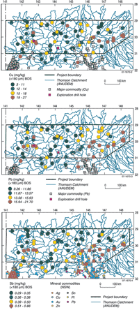 Fig 2. Geochemical map of a) copper, b) lead and c) antimony concentrations.